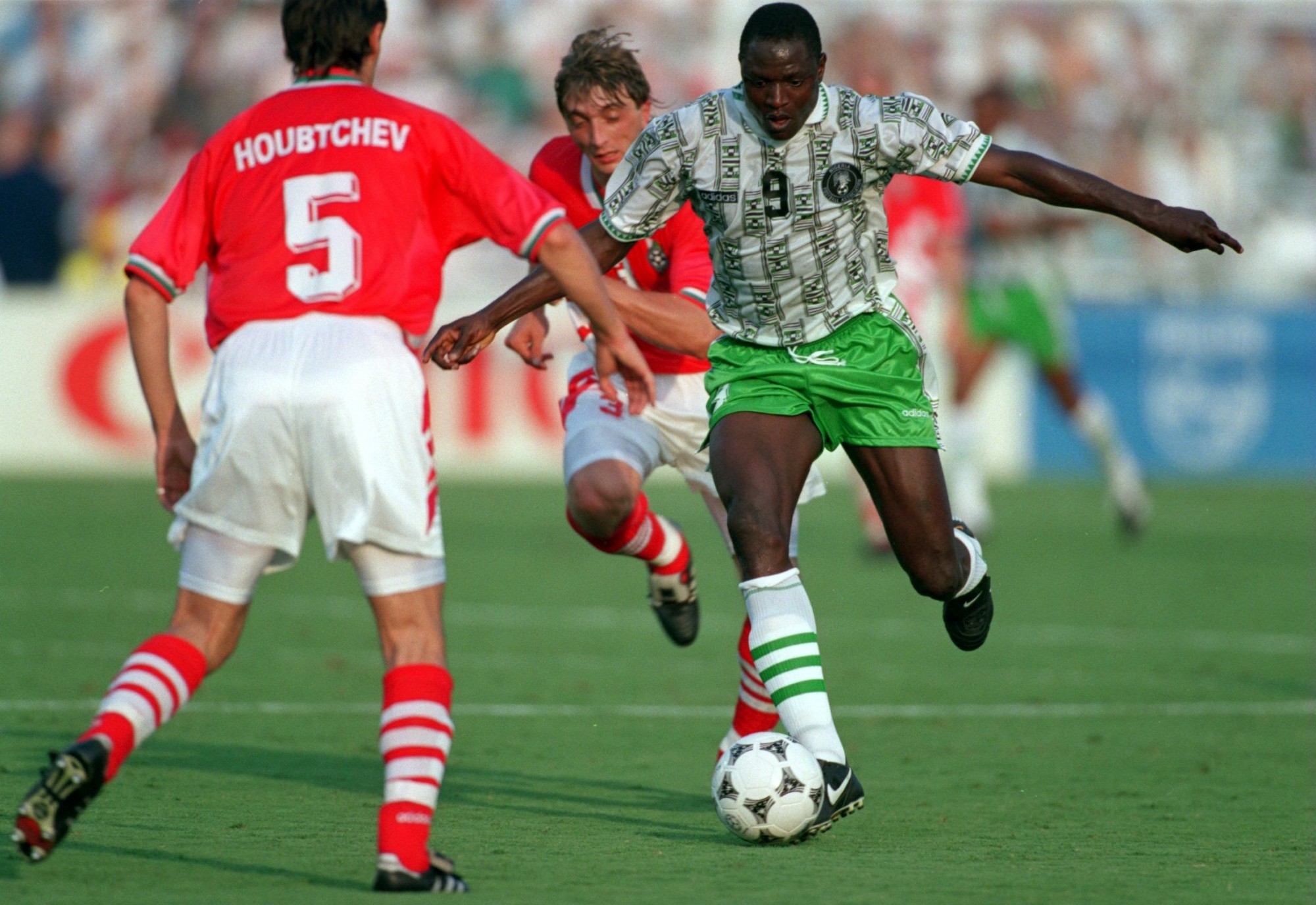 Rashidi Yekini celebrating Nigeria first FIFA World Cup goal in 1994
